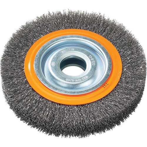 Crimped Wire Bench Wheel Brush, 6" Dia., 0.0118" Fill, 1/2" - 1/4" Arbor Ontario Packaging