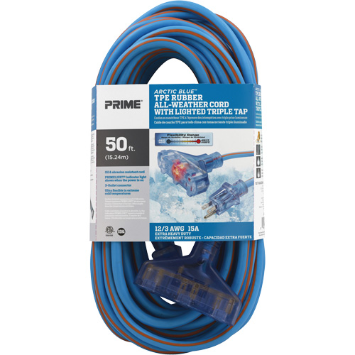 Cordons rallonges en caoutchouc TPE Arctic Blue, Toutes saisons, SJEOW, AWG 12/3, 15 A, 3 prise(s), 50' Ontario Packaging