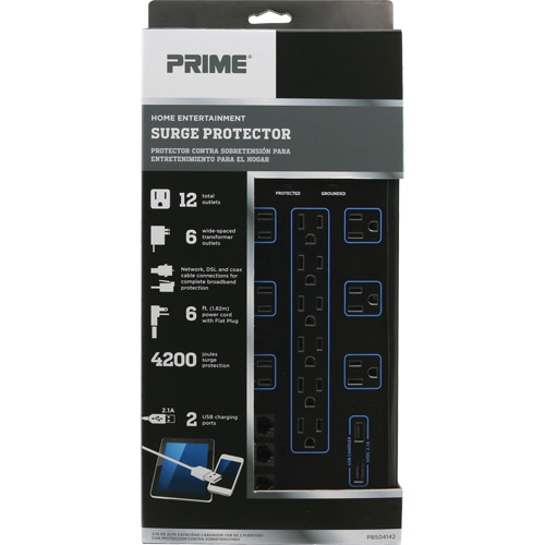 Limiteurs de surtension avec chargeur USB, 12 Prises, 4200 J, 1875 W, Cordon 6' Ontario Packaging