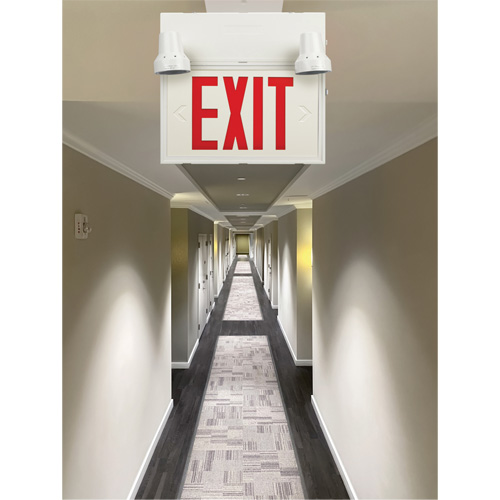 Exit Sign with Security Lights, LED, Battery Operated/Hardwired, 12-1/10" L x 11" W, English Ontario Packaging