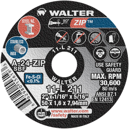 Zip Cut-Off Wheel, 2" x 1/16", 5/16" Arbor, Type 1, Aluminum Oxide, 5100 RPM Ontario Packaging