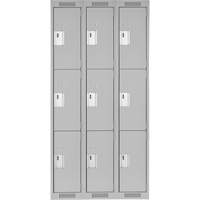 Clean Line Lockers, 3 -tier, Bank of 3, 36" x 18" x 72", Steel, Grey, Rivet (Assembled) Ontario Packaging