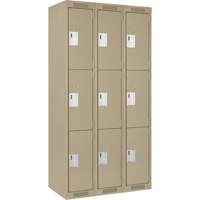 Clean Line Lockers, 3 -tier, Bank of 3, 36" x 18" x 72", Steel, Beige, Rivet (Assembled) Ontario Packaging