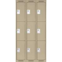 Clean Line Lockers, 3 -tier, Bank of 3, 36" x 18" x 72", Steel, Beige, Rivet (Assembled) Ontario Packaging