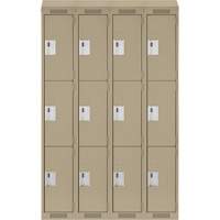 Clean Line Lockers, 3 -tier, Bank of 4, 48" x 18" x 78", Steel, Beige, Rivet (Assembled) Ontario Packaging