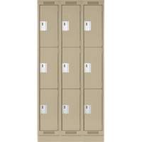 Clean Line Lockers, 3 -tier, Bank of 3, 36" x 18" x 76", Steel, Beige, Rivet (Assembled) Ontario Packaging