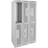Clean Line Lockers, 2 -tier, Bank of 3, 36" x 15" x 72", Steel, Grey, Rivet (Assembled), Perforated Ontario Packaging