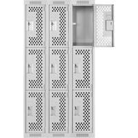 Clean Line Lockers, 3 -tier, Bank of 3, 36" x 12" x 72", Steel, Grey, Rivet (Assembled), Perforated Ontario Packaging