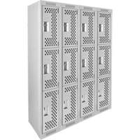 Clean Line Lockers, 3 -tier, Bank of 4, 48" x 12" x 72", Steel, Grey, Rivet (Assembled), Perforated Ontario Packaging