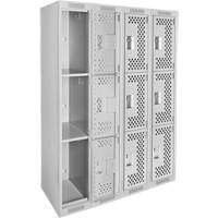 Clean Line Lockers, 3 -tier, Bank of 4, 48" x 12" x 72", Steel, Grey, Rivet (Assembled), Perforated Ontario Packaging