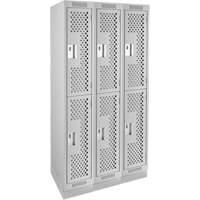 Clean Line Lockers, 2 -tier, Bank of 3, 36" x 15" x 76", Steel, Grey, Rivet (Assembled), Perforated Ontario Packaging