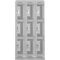 Clean Line Lockers, 3 -tier, Bank of 3, 36" x 15" x 82", Steel, Grey, Rivet (Assembled), Perforated Ontario Packaging