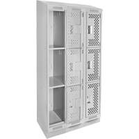 Clean Line Lockers, 3 -tier, Bank of 3, 36" x 15" x 82", Steel, Grey, Rivet (Assembled), Perforated Ontario Packaging