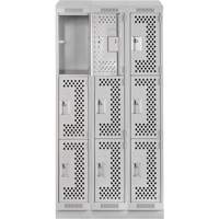 Clean Line Lockers, 3 -tier, Bank of 3, 36" x 15" x 82", Steel, Grey, Rivet (Assembled), Perforated Ontario Packaging