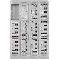 Clean Line Lockers, 3 -tier, Bank of 4, 48" x 15" x 82", Steel, Grey, Rivet (Assembled), Perforated Ontario Packaging