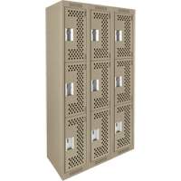 Clean Line Lockers, 3 -tier, Bank of 3, 36" x 12" x 72", Steel, Beige, Rivet (Assembled), Perforated Ontario Packaging