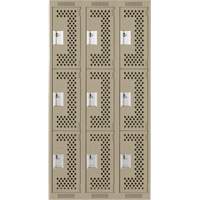Clean Line Lockers, 3 -tier, Bank of 3, 36" x 12" x 72", Steel, Beige, Rivet (Assembled), Perforated Ontario Packaging