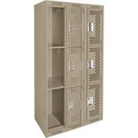 Clean Line Lockers, 3 -tier, Bank of 3, 36" x 12" x 72", Steel, Beige, Rivet (Assembled), Perforated Ontario Packaging