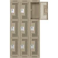 Clean Line Lockers, 3 -tier, Bank of 3, 36" x 12" x 72", Steel, Beige, Rivet (Assembled), Perforated Ontario Packaging