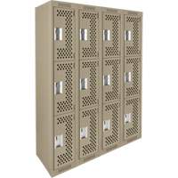 Clean Line Lockers, 3 -tier, Bank of 4, 48" x 12" x 72", Steel, Beige, Rivet (Assembled), Perforated Ontario Packaging
