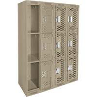 Clean Line Lockers, 3 -tier, Bank of 4, 48" x 12" x 72", Steel, Beige, Rivet (Assembled), Perforated Ontario Packaging
