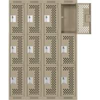 Clean Line Lockers, 3 -tier, Bank of 4, 48" x 12" x 72", Steel, Beige, Rivet (Assembled), Perforated Ontario Packaging