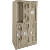 Clean Line Lockers, 2 -tier, Bank of 3, 36" x 15" x 76", Steel, Beige, Rivet (Assembled), Perforated Ontario Packaging