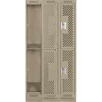 Clean Line Lockers, 2 -tier, Bank of 3, 36" x 15" x 76", Steel, Beige, Rivet (Assembled), Perforated Ontario Packaging