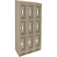 Clean Line Lockers, 3 -tier, Bank of 3, 36" x 15" x 82", Steel, Beige, Rivet (Assembled), Perforated Ontario Packaging