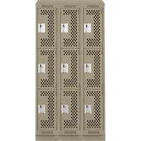 Clean Line Lockers, 3 -tier, Bank of 3, 36" x 15" x 82", Steel, Beige, Rivet (Assembled), Perforated Ontario Packaging