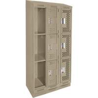 Clean Line Lockers, 3 -tier, Bank of 3, 36" x 15" x 82", Steel, Beige, Rivet (Assembled), Perforated Ontario Packaging
