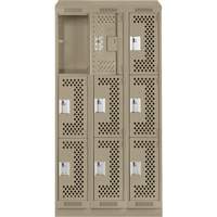 Clean Line Lockers, 3 -tier, Bank of 3, 36" x 15" x 82", Steel, Beige, Rivet (Assembled), Perforated Ontario Packaging