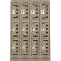Clean Line Lockers, 3 -tier, Bank of 4, 48" x 15" x 82", Steel, Beige, Rivet (Assembled), Perforated Ontario Packaging