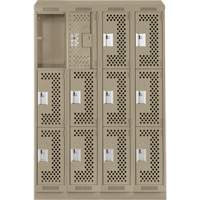 Clean Line Lockers, 3 -tier, Bank of 4, 48" x 15" x 82", Steel, Beige, Rivet (Assembled), Perforated Ontario Packaging