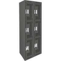 Clean Line Lockers, 3 -tier, Bank of 2, 24" x 12" x 72", Steel, Charcoal, Rivet (Assembled), Perforated Ontario Packaging