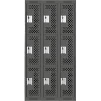 Clean Line Lockers, 3 -tier, Bank of 3, 36" x 12" x 72", Steel, Charcoal, Rivet (Assembled), Perforated Ontario Packaging