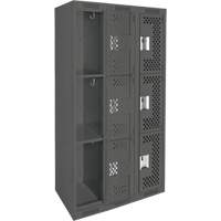 Clean Line Lockers, 3 -tier, Bank of 3, 36" x 12" x 72", Steel, Charcoal, Rivet (Assembled), Perforated Ontario Packaging