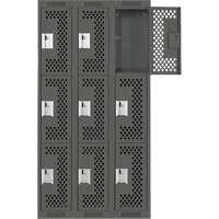 Clean Line Lockers, 3 -tier, Bank of 3, 36" x 12" x 72", Steel, Charcoal, Rivet (Assembled), Perforated Ontario Packaging