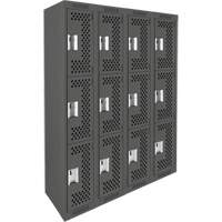 Clean Line Lockers, 3 -tier, Bank of 4, 48" x 12" x 72", Steel, Charcoal, Rivet (Assembled), Perforated Ontario Packaging