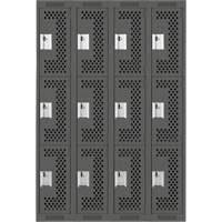 Clean Line Lockers, 3 -tier, Bank of 4, 48" x 12" x 72", Steel, Charcoal, Rivet (Assembled), Perforated Ontario Packaging
