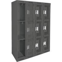 Clean Line Lockers, 3 -tier, Bank of 4, 48" x 12" x 72", Steel, Charcoal, Rivet (Assembled), Perforated Ontario Packaging