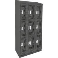 Clean Line Lockers, 3 -tier, Bank of 3, 36" x 15" x 82", Steel, Charcoal, Rivet (Assembled), Perforated Ontario Packaging