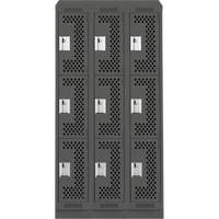 Clean Line Lockers, 3 -tier, Bank of 3, 36" x 15" x 82", Steel, Charcoal, Rivet (Assembled), Perforated Ontario Packaging