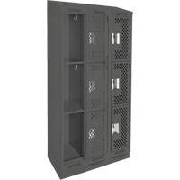 Clean Line Lockers, 3 -tier, Bank of 3, 36" x 15" x 82", Steel, Charcoal, Rivet (Assembled), Perforated Ontario Packaging