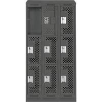 Clean Line Lockers, 3 -tier, Bank of 3, 36" x 15" x 82", Steel, Charcoal, Rivet (Assembled), Perforated Ontario Packaging