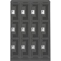 Clean Line Lockers, 3 -tier, Bank of 4, 48" x 15" x 82", Steel, Charcoal, Rivet (Assembled), Perforated Ontario Packaging