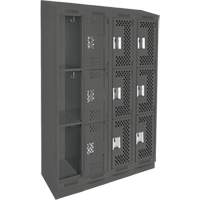 Clean Line Lockers, 3 -tier, Bank of 4, 48" x 15" x 82", Steel, Charcoal, Rivet (Assembled), Perforated Ontario Packaging