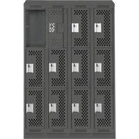 Clean Line Lockers, 3 -tier, Bank of 4, 48" x 15" x 82", Steel, Charcoal, Rivet (Assembled), Perforated Ontario Packaging