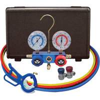 Automotive Manifold Gauge Set with Manual Couplers & 3-in-1 Side Mount Can Tap Valve Ontario Packaging