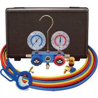 Dual Manifold Gauge Set with 3-in-1 Side Mount Can Tap Valve Ontario Packaging